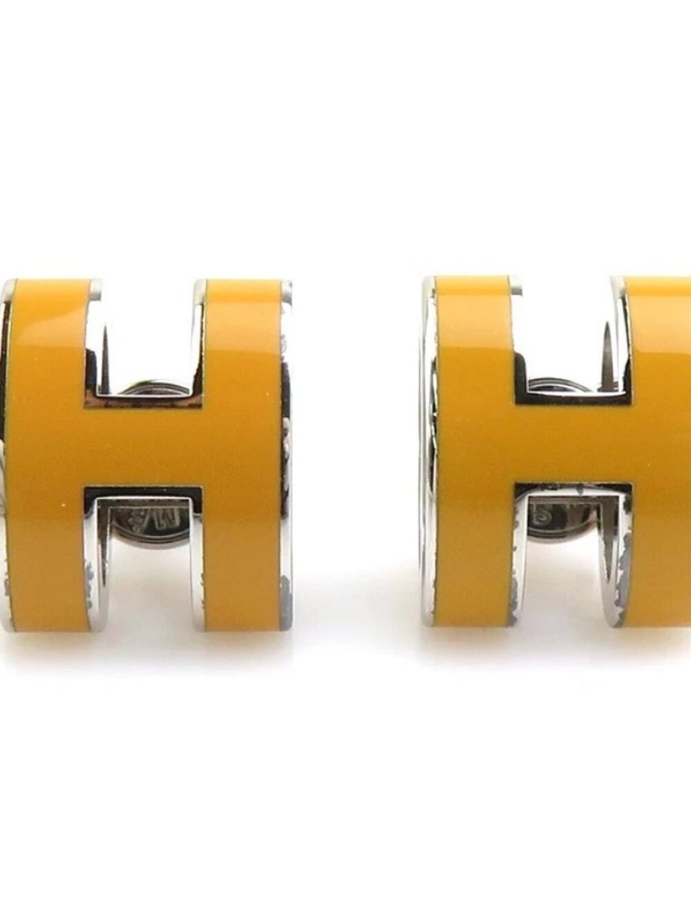 HERMES Mini Pop H Pierce Earrings Silver/Yellow Metal/Enamel
